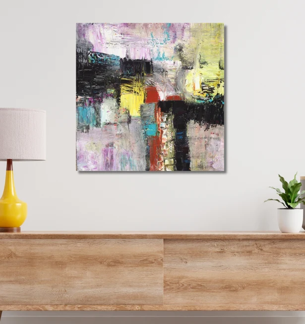 Colourful abstract painting, shown in a contemporary interior.