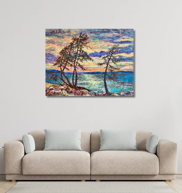 Vibrant mixed media landscape painting, displayed in a modern living space.